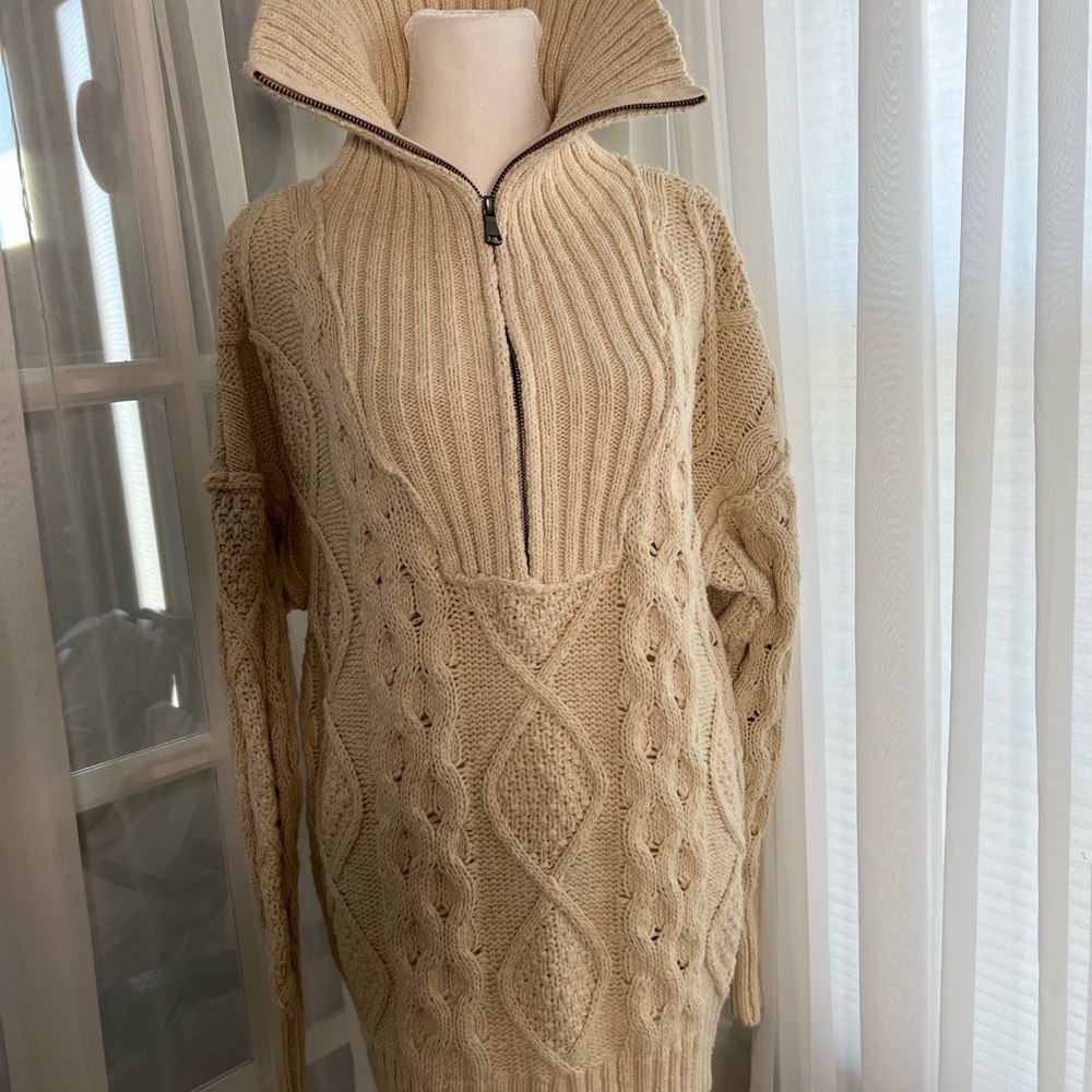 Free People Beige Cable Knit Turtleneck Sweater